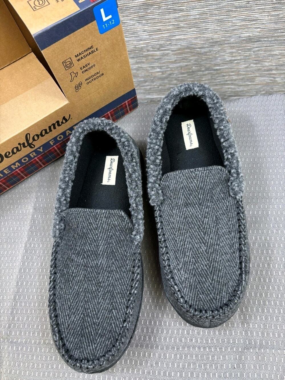 Dearfoams Slippers Shoes Mens L (11-12) Black Herringbone Moccasin Memory Foam